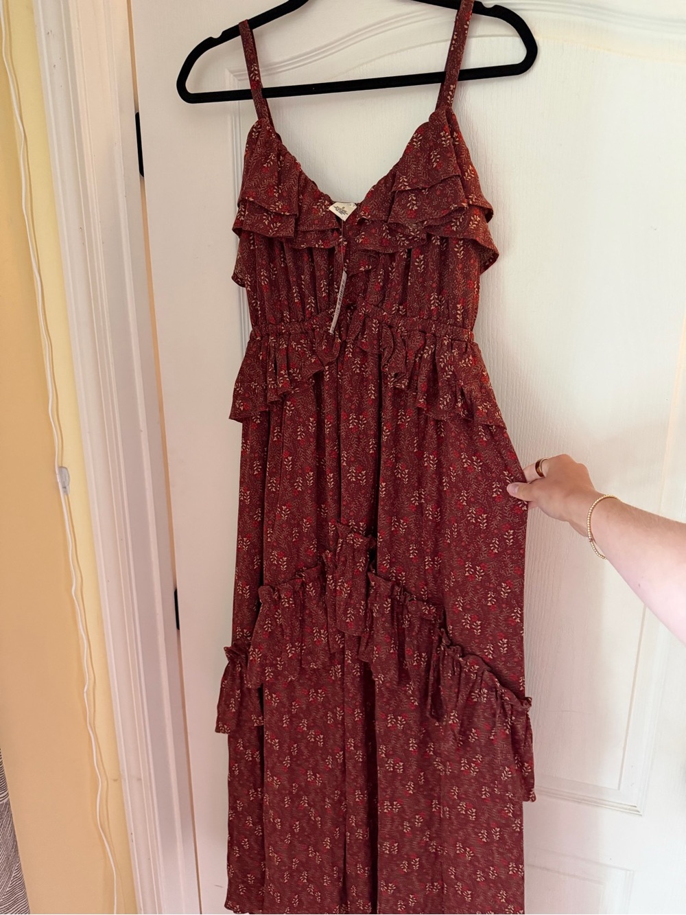 torrid Burgundy Floral Ruffle Maxi Dress with Spaghetti Straps